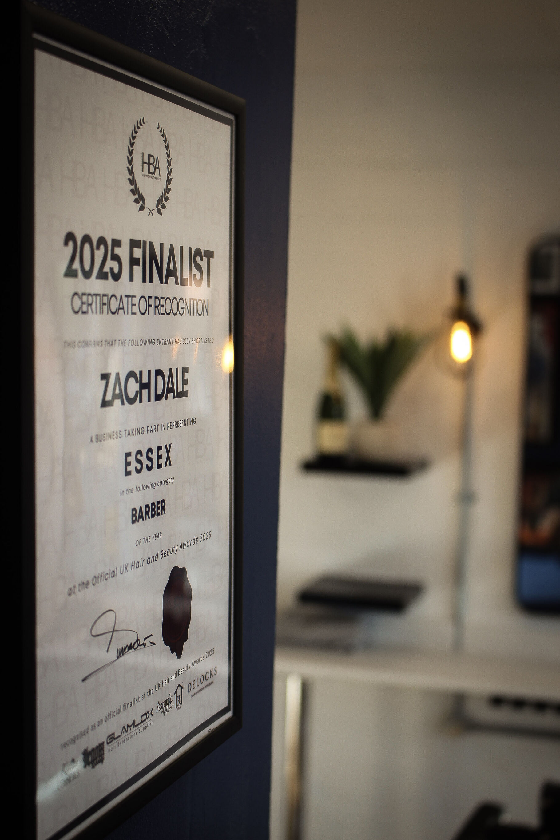 Framed UK Hair and Beauty Awards 2025 finalist certificate for Zach Dale, Barber of the Year, Essex