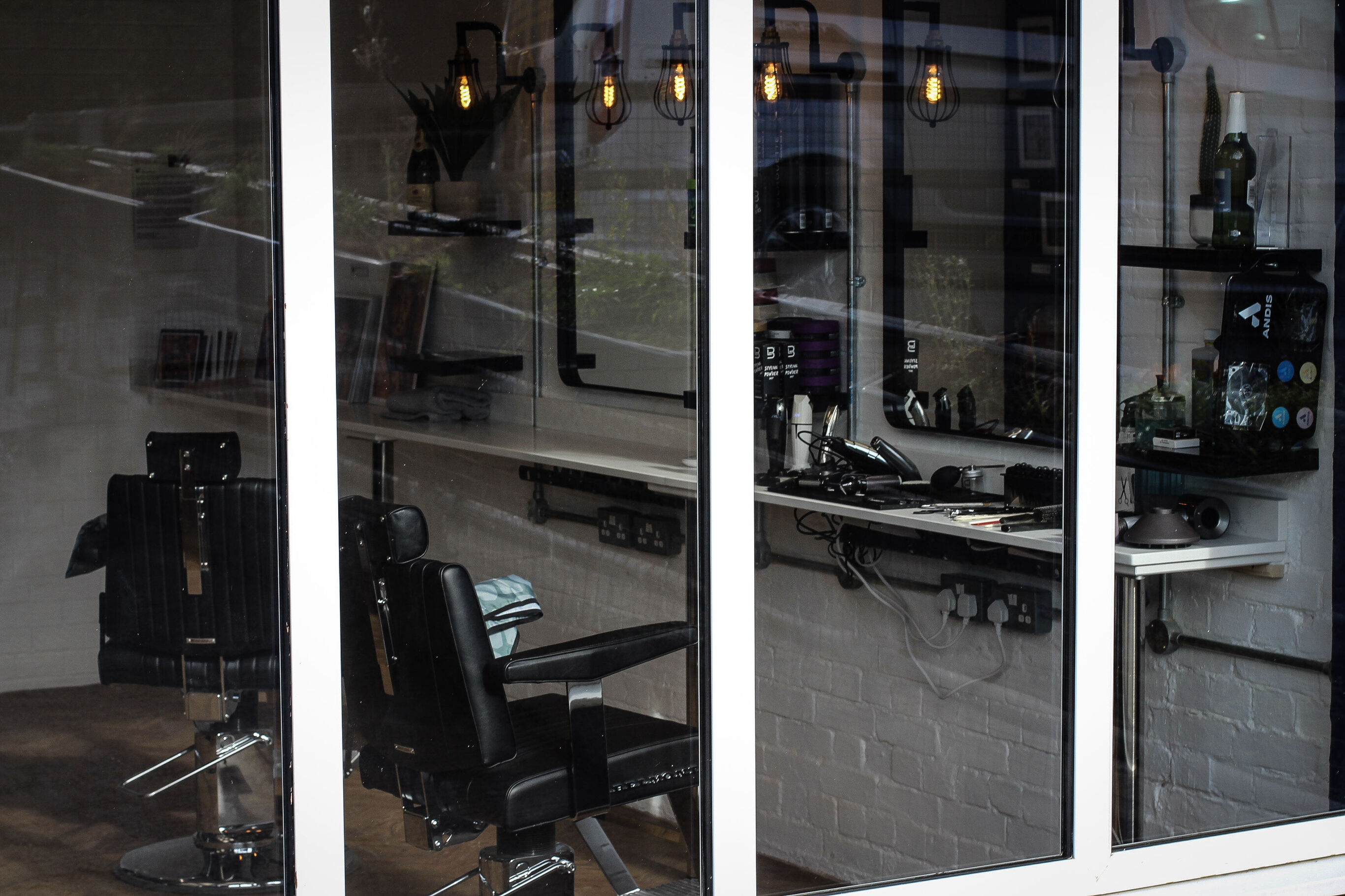Looking through the front windows into the shop